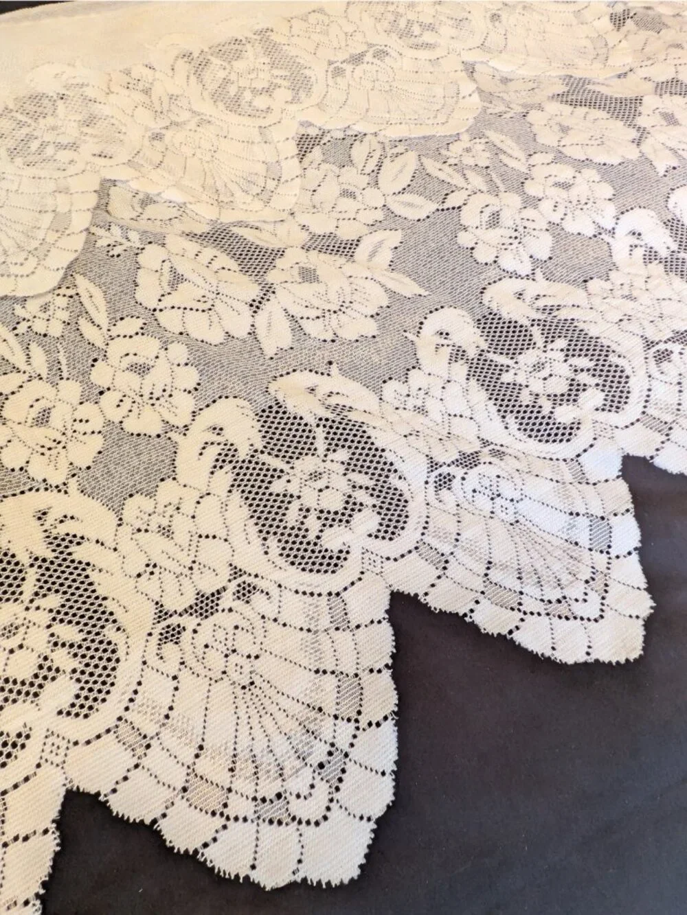 Vtg Lace Curtains Cafe Panels Attached Valance Set of 2 White Floral Roses 36
